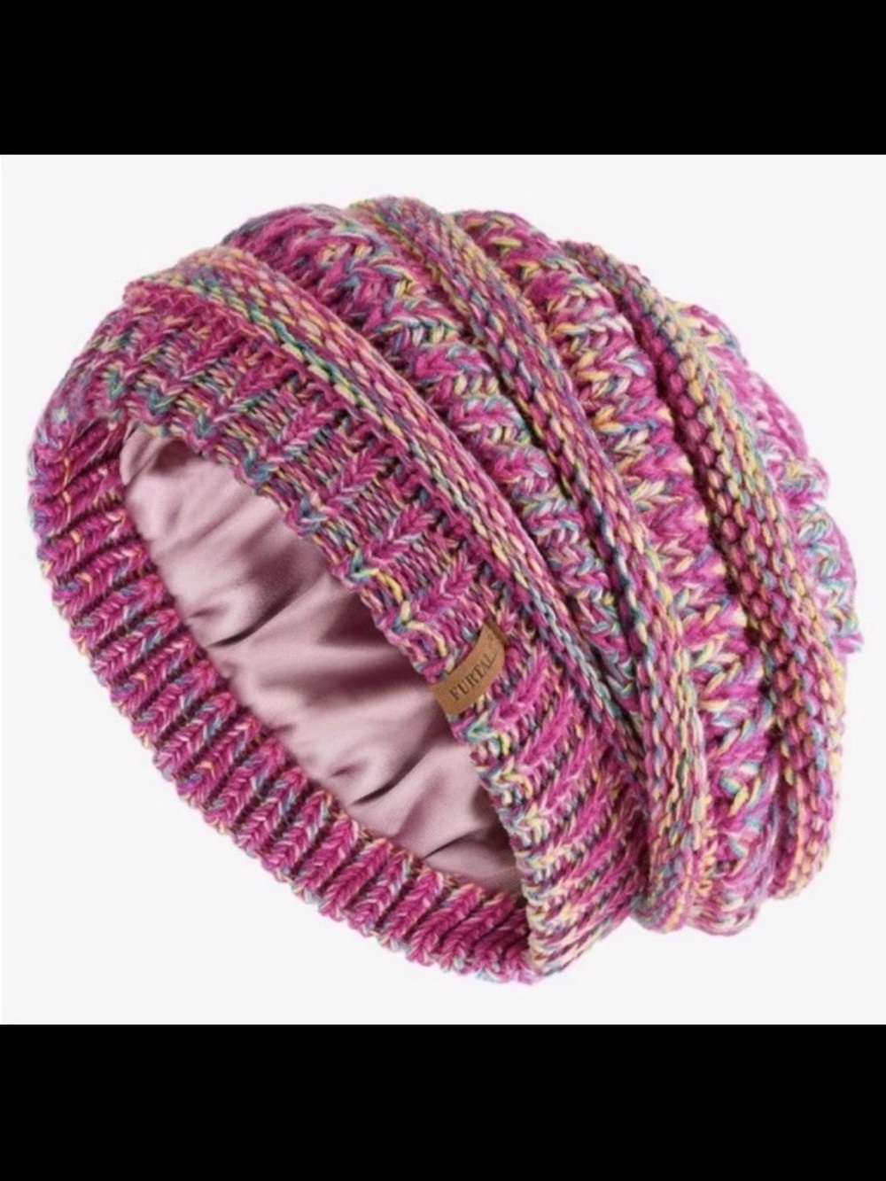 Pink Knit Slouchy Beanie with Satin Lining